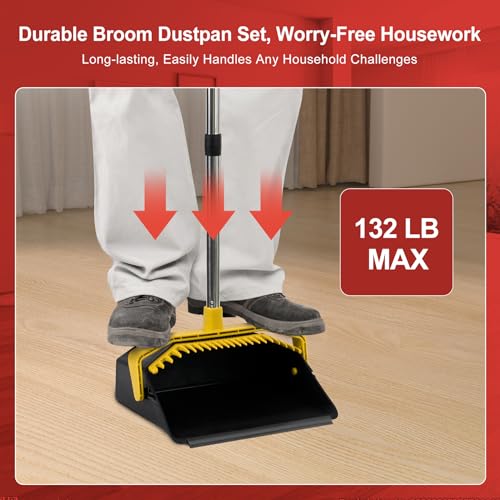 Tiumso Broom with Dustpan Combo Set, Brooms and Dustpans Sets with 51'' Long Handle, Large Dust Pan and Broom, Self-Cleaning Dustpan Teeth for Lobby Kitchen Office - Black and Yellow - color: Yellow and Black