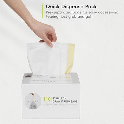 EKO 13 Gallon / 40-60 Liter, 60 Count Drawstring Trash Bags, Extra-Strong Unscented Garbage Bags, Easy-Dispense Roll for Kitchen & Household Use, Leak-Resistant, Code F, White - size: 60 Count (Pack of 1), style: 13 Gallon Bags/Code F