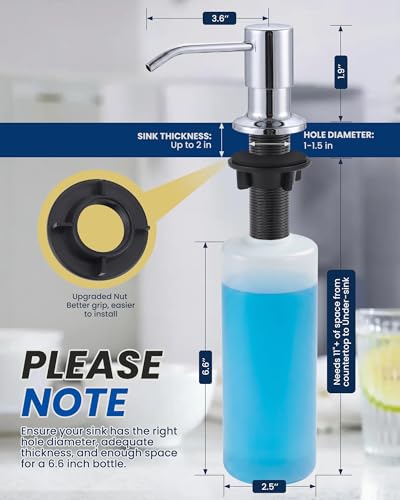 Built in Kitchen Sink Soap Dispenser: Stainless Steel Pump Head with 17 Ounce Large Soap Bottle, Easy Top Refill Design – No Bending Down for Countertop, Chrome - color: Chrome
