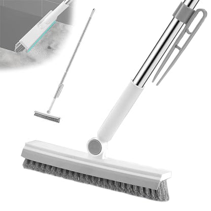 Floor Scrubbing Brush with 57" Adjustable Long Handle,3 in 1 Living Grout Brush with Squeegee,V-Shape Stiff Brush Bristle,Heavy Duty Bathroom Cleaning Brush for Tile,Deck,Patio,Wall,Garage,Kitchen - style: White
