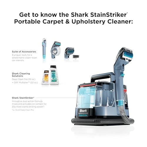 Shark StainStriker | Portable Carpet, Upholstery & Area Rug Cleaner | 4 Tools | Bonus Full-Size Solutions | Powerful Stain & Odor Remover | Deep Clean & OXY Solutions | Blue | PX202BRN - style: StainStriker + 4 Tools + XL Cleaning Solutions