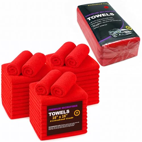 Red Microfiber Cleaning Towels, 3 Dozen Dual-Sided Cleaning Cloths Bulk Pack, Ultra Soft Plush Wash-Cloths, Micro-fiber Detailing Cleaning Cloths for Car, Household and Commercial (Red, 16" x 16") - color: Red