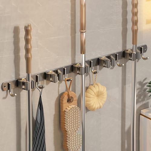 Wall-Mounted Broom Holder Stainless Steel Mop Storage Rack Laundry Room Storage Solution Suitable for Kitchens, Gardens, Garages (Gray: 5 clips with 6 hooks) - color: Gray: 5 clips with 6 hooks