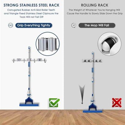 Tool Holder,2 Pack 3 Clip 4 Hook Rack,Steel Anti Rust Wall Mount Multi Function Storage for Kitchen Bathroom Garden Household Cleaning Tool Organizing Accessories