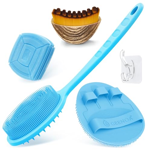 Silicone Back/Body/Face Scrubber & Lymphatic Contour Face Brush Set 4PCS, 13.4'' Soft Back Scrubber, 360° Anti-Slip Bath Glove, Unique Side-bristled Face Scrubber for All-Round Cleaning(Blue) - color: Blue*4