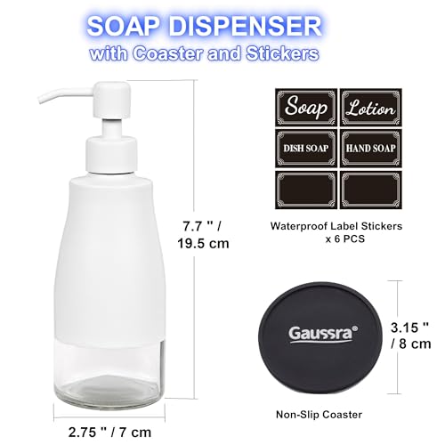 Gaussra White Soap Dispenser with Coaster and Stickers, Stainless Steel and Glass Bottle Hand Pump Dispenser, Refillable Liquid Hand Soap Dispenser for Bathroom & Kitchen (11OZ / 320ML) - color: White
