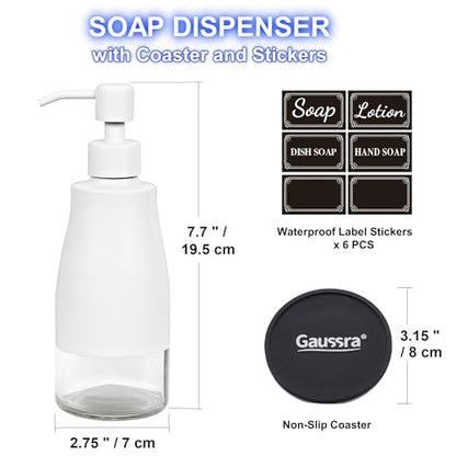 Gaussra White Soap Dispenser with Coaster and Stickers, Stainless Steel and Glass Bottle Hand Pump Dispenser, Refillable Liquid Hand Soap Dispenser for Bathroom & Kitchen (11OZ / 320ML) - color: White