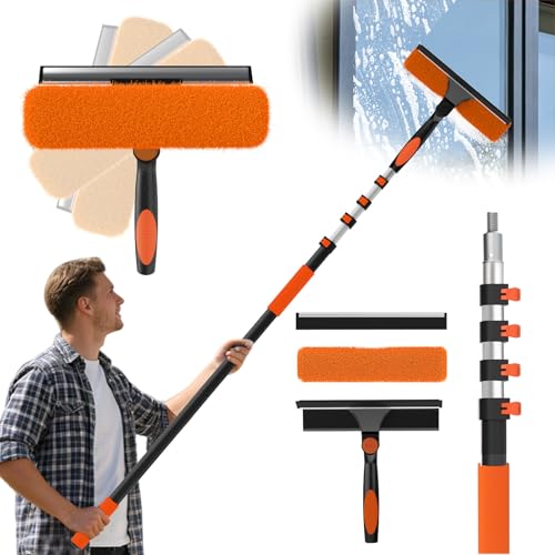 Window Squeegee Kit with Extension Pole, 2-in-1 Professional Washer for High Windows, 3-12FT Adjustable Reach, Rotatable Head for Indoor & Outdoor Use, Streak-Free Cleaning Tool for Home