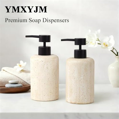 YMXYJM 2pcs/Set Hand Soap Dispenser Sets - 10.8oz Refillable Resin Liquid Soap Dispensers with Rust-Proof Pump for Bathroom Countertop or Kitchen, Faux Travertine - color: Faux Travertine