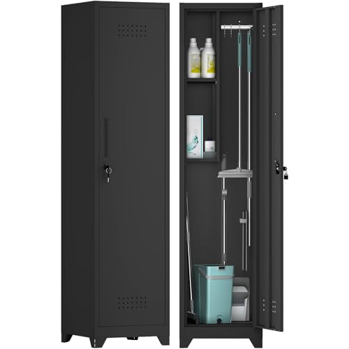 GREATMEET Broom Closet Storage Cabinet, Slim Metal Utility Cabinet, Tall Laundry Room Cabinet for Shop, Living Room, Office, Black - color: Black, size: 65"H
