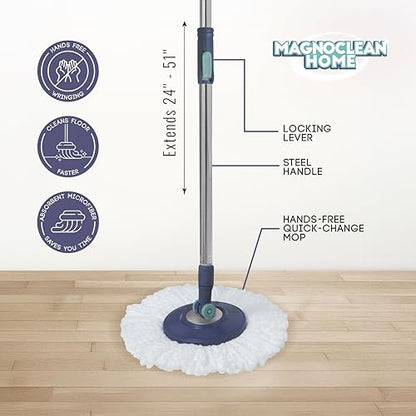 Spin Mop Bucket Set, 5.8L Hands-Free Wringer, Adjustable Stainless Steel Handle, Safe for All Indoor Floors, Includes 2 Replacement Microfiber Mop Heads, Blue