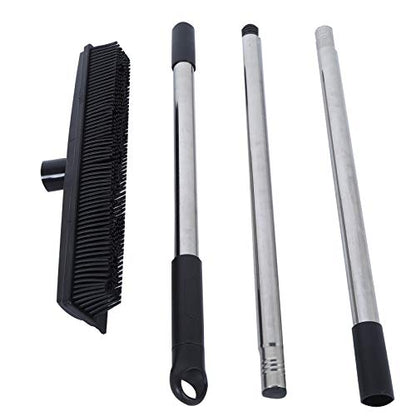Telescopic Rubber Broom with Squeegee, Multifunction Adjustable Pet Hair Removal Carpet Rake for Fluff Rug Hardwood Floor (Black) - color: Black