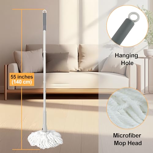 Self Wringing Mop for Floor Cleaning with 2 Reusable Heads, Easy Wringing Twist Mop with 55 Inches Long Handle and Top Scouring Pad, Wet and Dry Mops
