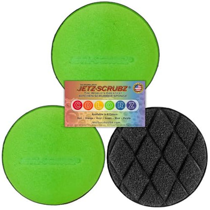 Jetz-Scrubz Scratch-Free Kitchen Scrubber Sponge – Dual Sided Non-Scratch Dish Cleaning Sponge for Cookware, Dishes & Kitchen Surfaces – Odor Resistant, Reusable – Round Scrub Sponges (3 Pack, Green) - color: Green
