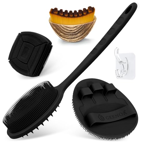 Silicone Back/Body/Face Scrubber & Lymphatic Contour Face Brush Set 4PCS, 13.4'' Soft Back Scrubber, 360° Anti-Slip Bath Glove, Unique Side-bristled Face Scrubber for All-Round Cleaning(Black) - color: Black*4