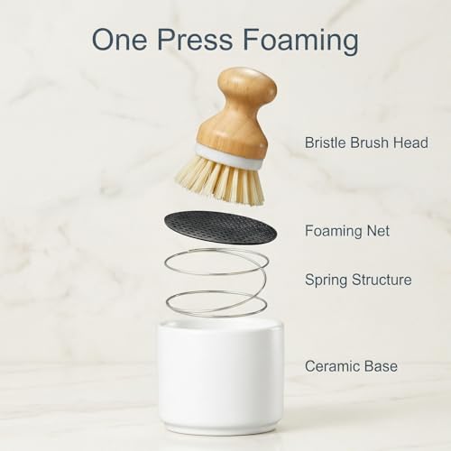 ONEMORE Bamboo Dish Brush with Ceramic Foaming Base, Kitchen Sink Scrub Brush Set with Spring and Mesh Insert, Wooden Handle Dishwashing Brush for Pots Pans Plates Bowls, White - color: White