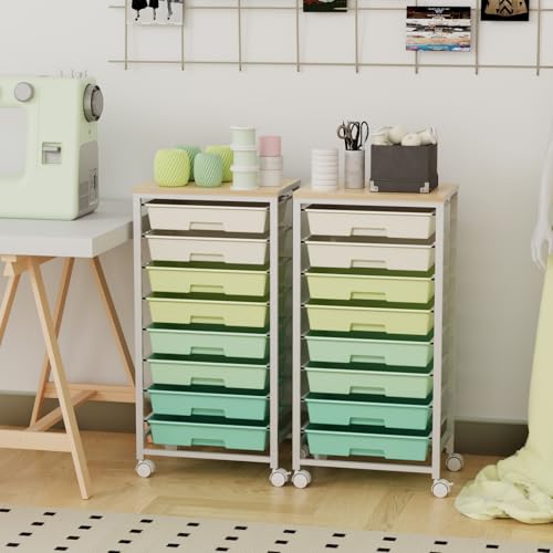 Rolling Storage Cart with 8 Drawers & Wooden Tabletop, Utility Cart On Wheels for Craft Storage, Home, School, Bedroom, Living Room, Dorm, Office, Classroom Storage Organizer Cart, Green, White