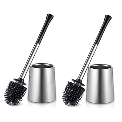 HAMITOR Toilet Bowl Brush Holder Set: 2Pack Silicone Stainless Steel Deep Cleaning Toilet Cleaner Brush for Bathroom Restroom - Compact Modern Rv Toilet Scrubber Accessories with Caddy