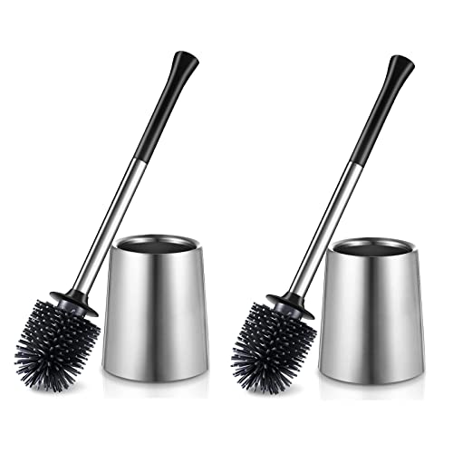 HAMITOR Toilet Bowl Brush Holder Set: 2Pack Silicone Stainless Steel Deep Cleaning Toilet Cleaner Brush for Bathroom Restroom - Compact Modern Rv Toilet Scrubber Accessories with Caddy
