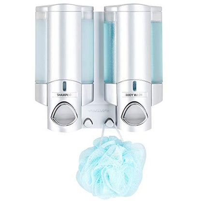 Better Living Aviva Wall Mount Shower Dispenser, 2 x 11oz, Satin Silver | 2 Chamber, Shampoo, Conditioner, Body Wash and Soap Dispenser, Built-in Hooks, No Drill, Waterproof Shampoo Soap Dispenser - color: Satin Silver, size: 2-Chamber