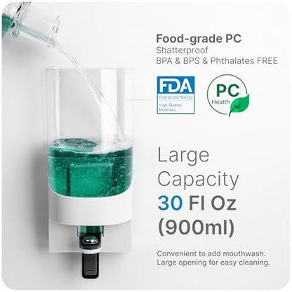 Umimile Mouthwash Dispenser for Bathroom, Plastic Mouthwash Dispenser Wall Mounted, 30.4oz(900ml) Mouthwash Container with 10Pcs Reusable Cups,White
