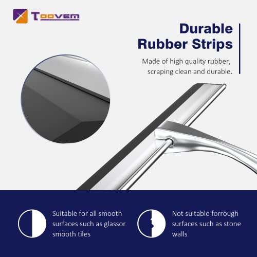 TOOVEM 14 Inch Shower Squeegee for Glass Doors, Window, Bathroom, Car Windshield, Shower Cleaning Tools with S Hook, Square Sticky Hook (Silver) - style: Silver 14 inch