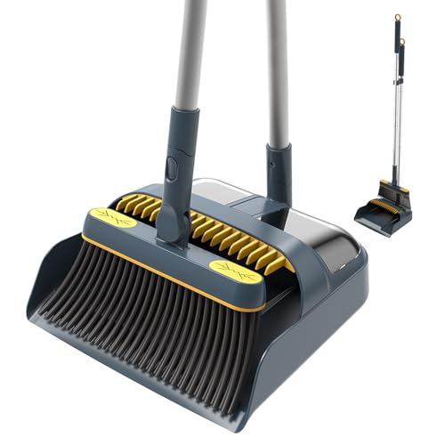 54" Lightweight Broom and Dustpan Set with 180° Rotating Upright Stand, Comb Teeth & Long Handle - Indoor Home Storage Solution for Kitchen, Room, Office