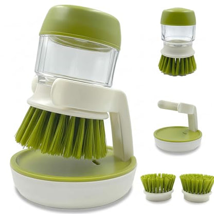 Good Grips Soap Dispensing Palm Brush, Dish Scrub Brush, Kitchen Brushes for Dishes, Kitchen Brush with Holder for Pot Pan Sink Cleaning (Green) - color: Green