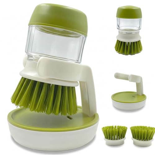 Good Grips Soap Dispensing Palm Brush, Dish Scrub Brush, Kitchen Brushes for Dishes, Kitchen Brush with Holder for Pot Pan Sink Cleaning (Green) - color: Green