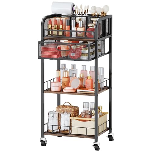 HapiRm Makeup Organizer Storage Cart - 4 Tier Skincare Make Up Storage with Drawer, Rolling Makeup Cart Vanity Organizer Cosmetics Display Cases Holder for Skin Care Perfume Nail Polish Brush - color: Black, size: 1 Drawer+2 Tiers