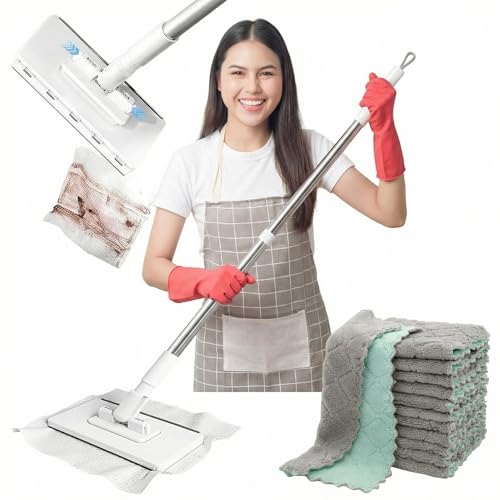 Snap Grip Mini Mop, Lazy Zero Touch Mini Mops with 10 Reusable Cloths, One-Click Cloth Change, Locking Head, Long Handle, Retractable Dust Mops for Multi-Surface Cleaning (White) - color: White