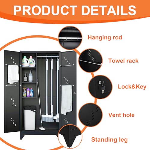 75" Metal Garage Storage Cabinet, Cleaning Tool Storage Cabinet, Utility Garage Storage Broom Closet with Doors, Hanging Rod (Black, Door-2)