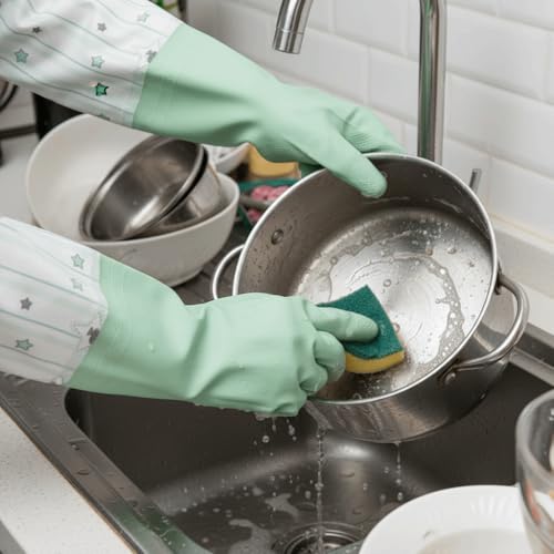 Extended PVC Dishwashing Cleaning Gloves, Reusable Kitchen Dish Gloves, Non-Slip Waterproof Household Gloves for Laundry, Working, Gardening(Green)