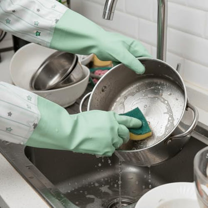 Extended PVC Dishwashing Cleaning Gloves, Reusable Kitchen Dish Gloves, Non-Slip Waterproof Household Gloves for Laundry, Working, Gardening(Green)