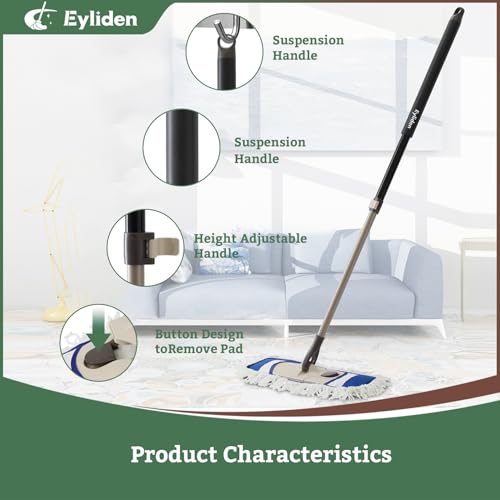 Eyliden Dust Mop, 2 Microfiber Pads, Home Commercial Cleaning, Quick Swap | 52.6" Adjustable Handle, 360° Swivel, Washable, Wet Dry Mops for Kitchen Hardwood Vinyl Tile Floor Cleaning, Push Dust Broom - color: Blue