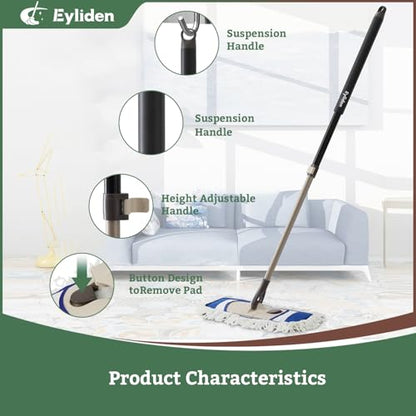 Eyliden Dust Mop, 2 Microfiber Pads, Home Commercial Cleaning, Quick Swap | 52.6" Adjustable Handle, 360° Swivel, Washable, Wet Dry Mops for Kitchen Hardwood Vinyl Tile Floor Cleaning, Push Dust Broom - color: Blue