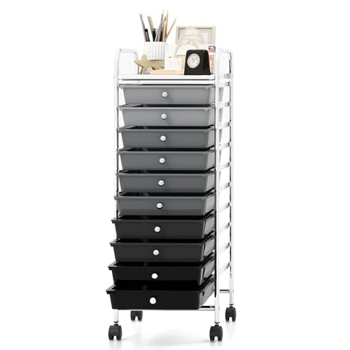 MEDIMALL 10 Drawers Rolling Storage Cart, Multipurpose Craft Storage Cart with Wheels, Mobile Tools Scrapbook Paper Organizer Cart for Office School Home Use - color: Gradient Grey