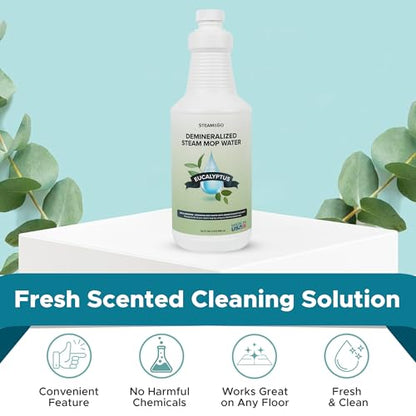 Steam & Go Demineralized Water for Steam Mop – Eucalyptus Mint Scent, 32 Ounces (Pack of 6) | Scented Floor Cleaner Solution, Ready-to-Use, Compatible with Any Steam Cleaner - size: 32 Fl Oz (Pack of 6)