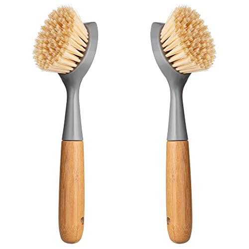 2 Pack Kitchen Dish Brush Bamboo Handle Dish Scrubber Built-in Scraper, Scrub Brush for Pans, Pots, Kitchen Sink Cleaning, Dishwashing and Cleaning Brushes are Perfect Cleaning Tools, Color-Gray - style: Gray
