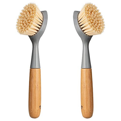 2 Pack Kitchen Dish Brush Bamboo Handle Dish Scrubber Built-in Scraper, Scrub Brush for Pans, Pots, Kitchen Sink Cleaning, Dishwashing and Cleaning Brushes are Perfect Cleaning Tools, Color-Gray - style: Gray