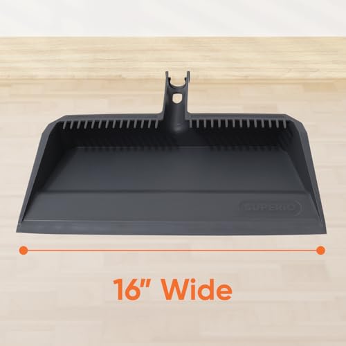 Superio Wide Plastic Dustpan with Comb - 16" Wide, Rubber Lip, Broom Handle Clip, Grey - color: Gray, size: 1 Pack