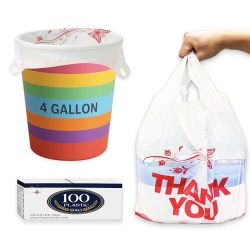 4 Gallon Small Trash Bags with Handles – 100 Count, 11" x 21" Plastic Garbage Bags for Home, Kitchen, Office, Bathroom – Thank You T-Shirt Style Bags for Small Business, Takeout, Grocery Use - style: White 100