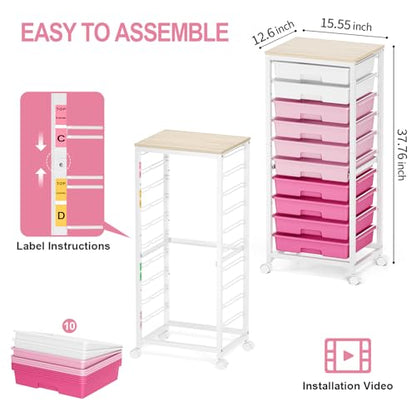 SYKIARIOL Rolling Cart with Drawers,10 Drawer Rolling Cart,Storage Cart,Utility Cart,Teacher Cart for Classroom Storage,Craft Cart with Wheels and Wooden Tabletop,Pink - color: Pink