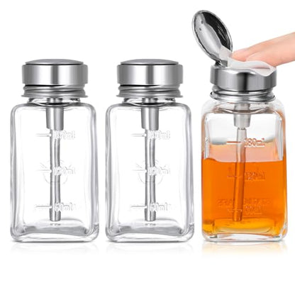 3 Pcs Clear Pump Dispenser Bottle Push Dispenser with Metal Flip Cap 180ml Glass Dispenser Pressure Container Refillable for Dispensing Nail Polish Remover Alcohol Toner and Makeup Remover