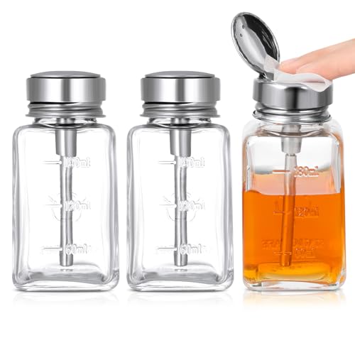 3 Pcs Clear Pump Dispenser Bottle Push Dispenser with Metal Flip Cap 180ml Glass Dispenser Pressure Container Refillable for Dispensing Nail Polish Remover Alcohol Toner and Makeup Remover