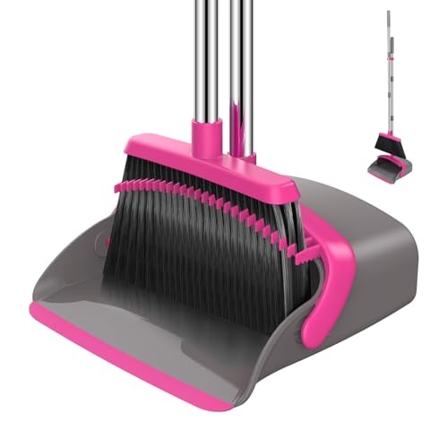NACENA Broom and Dustpan Set, 52-in Long Adjustable Handle Broom Dustpan Combo with Dustpan Teeth to Automatically Clean Hair Suitable for Home Kitchen Office Hall Floor（Grey&Rose） - color: Grey-rose, size: 1 Pack