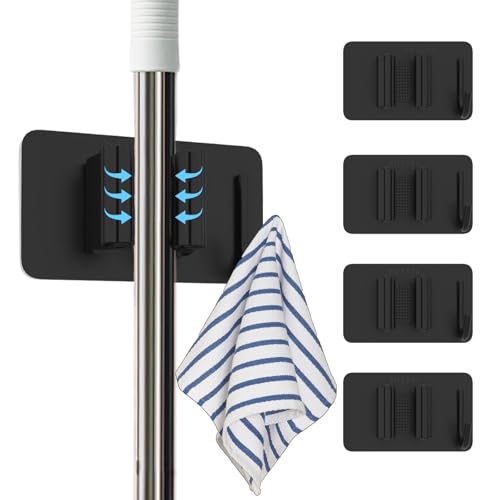 Stainless Steel Mop Holder Wall Mount – 4 Pack Heavy-Duty Broom Organizer with Strong Grip, Adhesive or Nail-Free Glue Installation for Bathroom, Kitchen, Garage - color: BLACK-4PCS