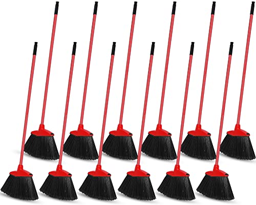 12 Pcs Heavy Duty Commercial Angle Broom 53 Inch Long Handle for Sweeping Indoor Outdoor - Garage, Courtyard, Patio, Lobby, Mall, Market, Shop, Sidewalk Floor (Red) - color: Red
