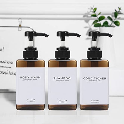 Plastic Refillable Hand Soap Dispenser Modern Square Pump Bottle for Bathroom Vanities or Kitchen Sink, Countertops - 3 Packs with Waterproof Label(Amber) - color: 3 Bottles-amber