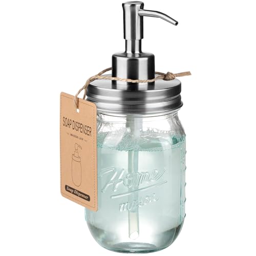 SheeChung 16 Oz Mason Jar Liquid Soap Dispenser, Glass Hand Soap Dispenser, Stainless Steel Pump Lid, Refillable Lotion Dispensers for Bathroom Countertop Kitchen (1, Brushed Nickel) - color: Brushed Nickel-1 Pack
